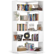 Armocity Corner Book Shelf - 6-Shelf Corner Bookshelf Etagere Bookcase with Baffle, Freestanding L Shaped Display Shelf Stand for Home Office, Living Room, Bedroom, Kitchen, White