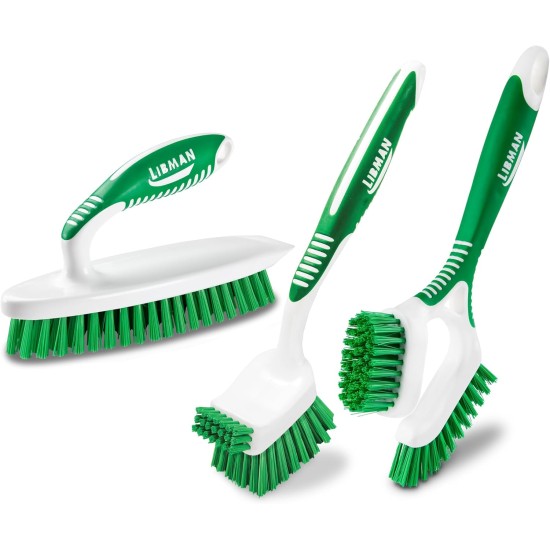 Libman Heavy Duty Scrub Brush Kit | Cleaning Brushes for Household Use | Tub Scrubber | Easy Grip Scrub Brush | Big Job Kitchen Brush | Dual Sided Tile & Grout Brush | 3 Different Brushes Included