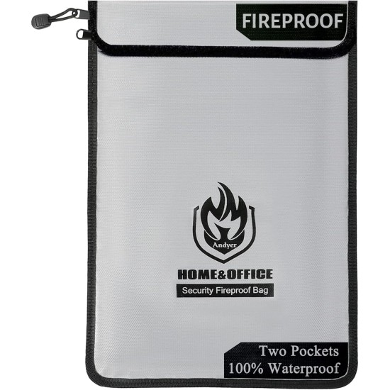 Upgraded Two Pockets Fireproof Document Bag (2000℉), andyer 15”x 11”Waterproof Fireproof Money Bag for Cash with Zipper, Important Document Storage Organizer for Valuables, Legal Documents Safe