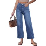GRAPENT Wide Leg Jeans for Women Cropped High Waisted Trendy Patch Pocket Baggy Loose Straight Leg Stretchy Denim Pants
