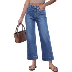 GRAPENT Wide Leg Jeans for Women Cropped High Waisted Trendy Patch Pocket Baggy Loose Straight Leg Stretchy Denim Pants