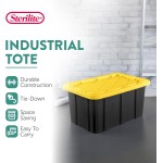 Sterilite 17 Gal Industrial Tote, Stackable Storage Bin with Snap-Fit Lid for Garage, Basement & Attic Storage, Black Base and Yellow Lily Lid, 6-Pack