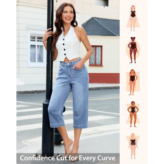 GRAPENT Capri Jeans for Women Mid Rise Straight Leg Casual Relaxed Fit Summer Cropped Stretchy Denim Capris Pants