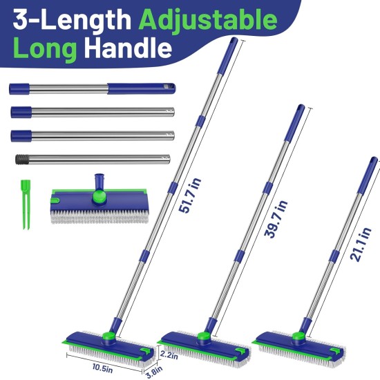 Floor Scrub Brush with Long Handle: 3 in 1 Heavy-Duty Floor Scrubber Brush with Squeegee for Cleaning Tile Bathroom Deck Kitchen Patio - Blue