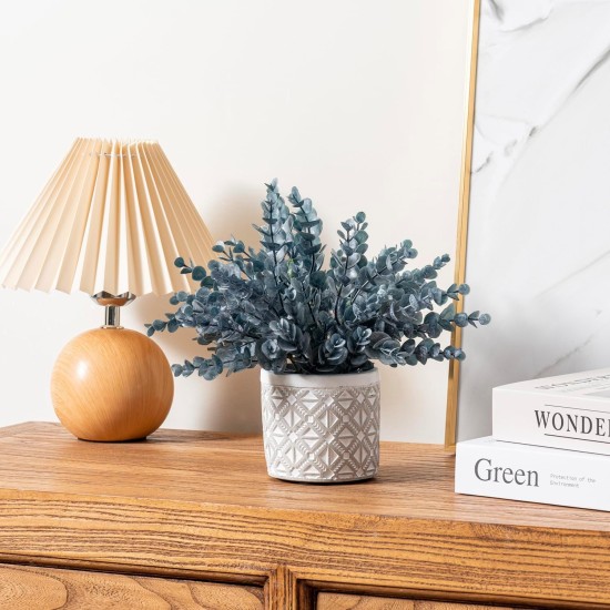 MyGift Artificial Eucalyptus Plant in Modern Gray Concrete Pots with Geometric Embossed Pattern (1, Blue)
