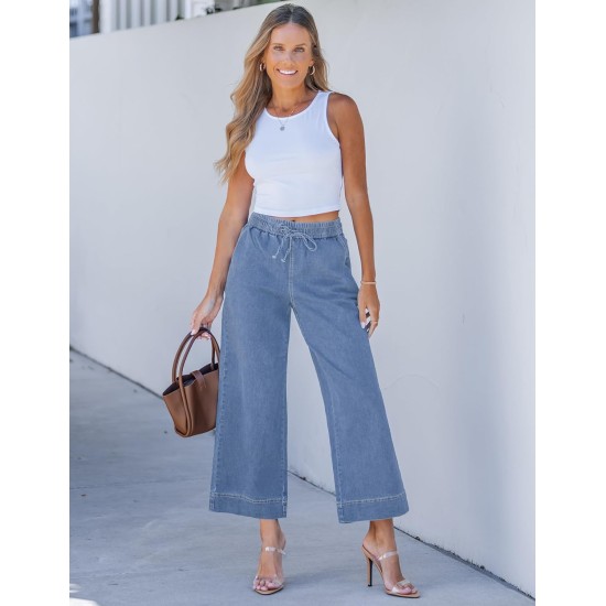 luvamia Wide Leg Jeans for Women High Waisted Cropped Pull On Jeans Elastic Wasit Drawstring Stretch Denim Trouser Pants