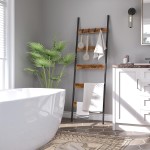 HOOBRO Blanket Ladder, 5-Tier Towel Rack with Hooks, Wall-Leaning Blanket Rack, Decorative Display Ladder Shelf, for Scarves, Industrial, Living Room, Bedroom, Rustic Brown and Black BF52CJ01