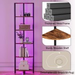 Furnulem 6 Tier Corner Shelf with LED Light, 67.5” Tall Standing Shelf Organizer, Narrow Bookshelf with Storage Rack for Wall Corner, Living Room, Bedroom, Metal Frame, Wood Display Shelf