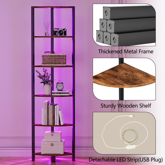 Furnulem 6 Tier Corner Shelf with LED Light, 67.5” Tall Standing Shelf Organizer, Narrow Bookshelf with Storage Rack for Wall Corner, Living Room, Bedroom, Metal Frame, Wood Display Shelf