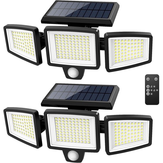 Tuffenough Solar Outdoor Lights 2500LM 210 LED Security Lights with Remote Control,3 Heads Motion Sensor Lights, IP65 Waterproof,270° Wide Angle Flood Wall Lights with 3 Modes(2 Packs)