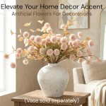 Artificial Flowers for Vase - Beige Silk Mums 10 Long Stems with Eucalyptus, Faux Flowers Home Decor, Neutral Tan Cream Floral Arrangement, Fake Chrysanthemum Pom Pom Stems, Spring Fall Centerpiece