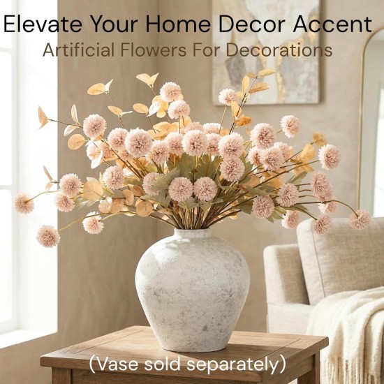 Artificial Flowers for Vase - Beige Silk Mums 10 Long Stems with Eucalyptus, Faux Flowers Home Decor, Neutral Tan Cream Floral Arrangement, Fake Chrysanthemum Pom Pom Stems, Spring Fall Centerpiece