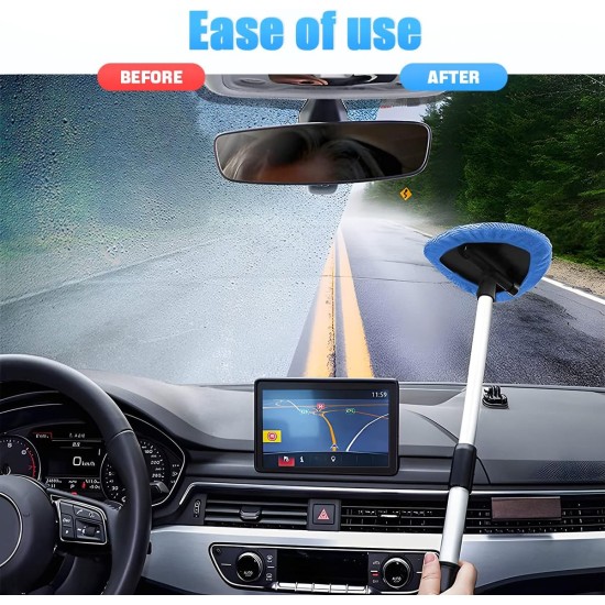 Windshield Cleaning Tool, Car Window Cleaner with Extendable Long Handle and 4 Washable Reusable Microfiber Pads, Auto Interior Exterior Glass Wiper Cleaning Kit Universal for Office and Home (Blue)