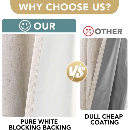 H.VERSAILTEX Linen 100% Blackout Curtains for Bedroom Full Light Blocking Curtains, Textured Window Curtain for Living Room 84 inch Grommet, Energy Efficient Curtains White Liner(2 Panels, Natural)