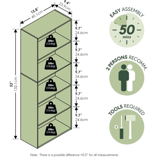 Furinno LUDER Book Shelf, 5-Cube Bookshelf, Bookcase with Open Shelf, 9.4 x 15.8 x 52, for Living Room, Bedroom, Home Office, Blackwood