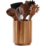 Acacia Wood Utensil Holder for Kitchen Counter, 360° Rotating 7.2" Wooden Cooking Utensil Crock for Countertop, Farmhouse Kitchen Decor