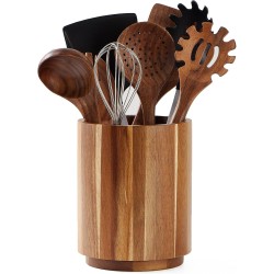 Acacia Wood Utensil Holder for Kitchen Counter, 360° Rotating 7.2" Wooden Cooking Utensil Crock for Countertop, Farmhouse Kitchen Decor