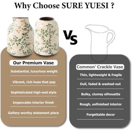 Ceramic Vase Set of 3, Vintage Green and Beige Vases Set, Flower Rustic Chinoiserie Vases Floral Grand Millennial Farmhouse Decor Vase for Home Decor, Living Room, Kitchen, Bedroom, Bookshelf