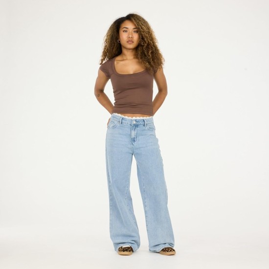 Forever 21 Women's Wide-Leg Jeans - Light Wash Denim with Lace Trim Waistband