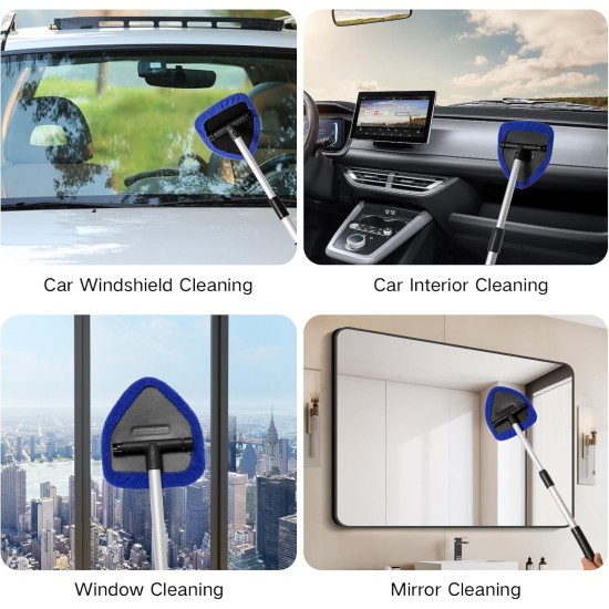 11pcs Windshield Cleaner Tool, Car Window Cleaning Wash Kit with 6 Reusable Microfiber Pads 2 Spray Bottles and Extendable Handles Auto Glass Wiper Kit, Blue