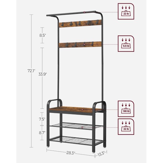 VASAGLE Coat Rack, Hall Tree with Shoe Bench for Entryway, Entryway Bench with Coat Rack, 4-in-1, with 9 Removable Hooks, a Hanging Rod, 13.3 x 28.3 x 72.1 Inches, Rustic Brown and Black UHSR40B