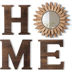 CHIF HAUTH Wood Home Sign with Sunflower Shaped Wood Mirror for O, Thick Letters for Wall Art, Rustic Decor, Farmhouse Home Wall Decor for Living Room, Entryway