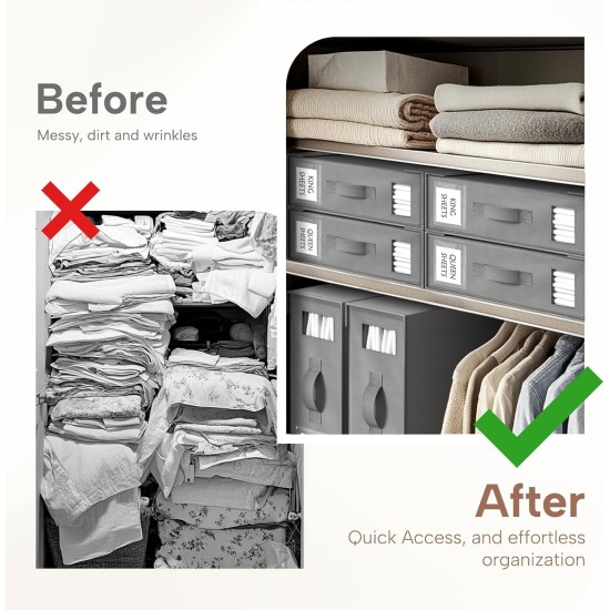 Criusia Bed Sheet Organizers and Storage, 6 Pack Foldable Linen Closet Organizer Box – Bedding Holder for Sheet Set (King/Queen Sizes), Duvet Covers, Blankets (Grey)