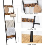HOOBRO Blanket Ladder, 5-Tier Towel Rack with Hooks, Wall-Leaning Blanket Rack, Decorative Display Ladder Shelf, for Scarves, Industrial, Living Room, Bedroom, Rustic Brown and Black BF52CJ01