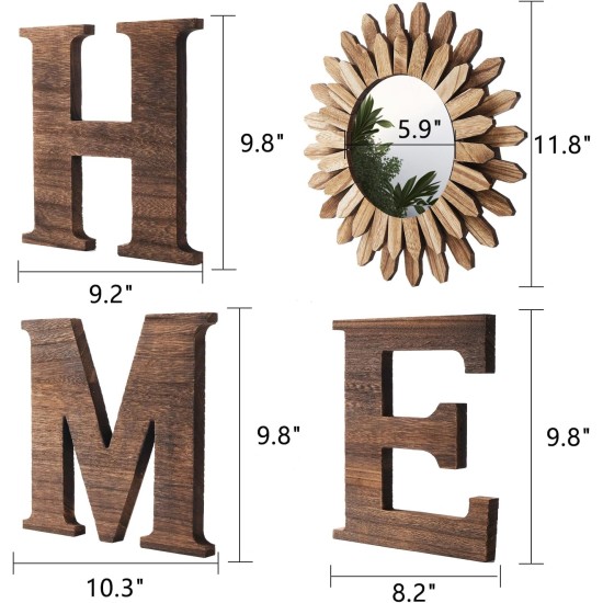 CHIF HAUTH Wood Home Sign with Sunflower Shaped Wood Mirror for O, Thick Letters for Wall Art, Rustic Decor, Farmhouse Home Wall Decor for Living Room, Entryway