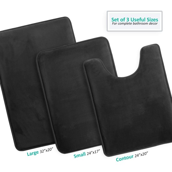 Clara Clark 3 Piece Bathroom Rugs Bath Mat Set, Velvet Memory Foam Bath Mats for Bathroom - Non-Slip, PVC Backing Bath Rugs, Washable - Dries Quickly, Black