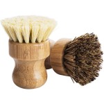 Palm Pot Brush- Bamboo Round 3 Packs Mini Dish Brush Natural Scrub Brush Durable Scrubber Cleaning Kit with Union Fiber and Tampico Fiber for Cleaning Pots, Pans and Vegetables