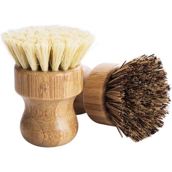 Palm Pot Brush- Bamboo Round 3 Packs Mini Dish Brush Natural Scrub Brush Durable Scrubber Cleaning Kit with Union Fiber and Tampico Fiber for Cleaning Pots, Pans and Vegetables