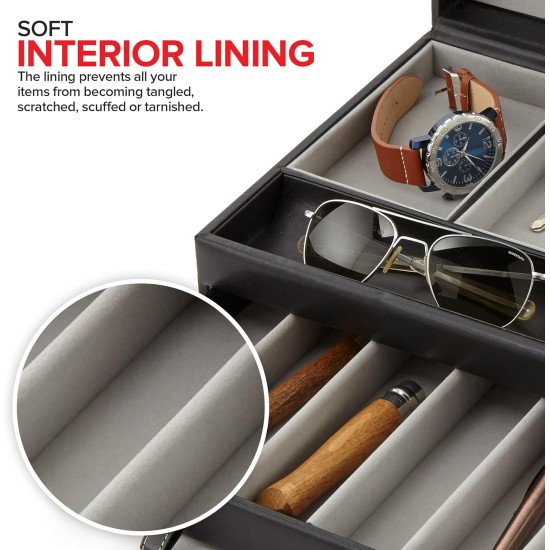 Stock Your Home Mens Valet Tray, Men's Jewelry Box, Night Stand Organizers and Storage, Bedside Table Organizer, Watch Box for Dresser, Faux Leather (Black & Gray)