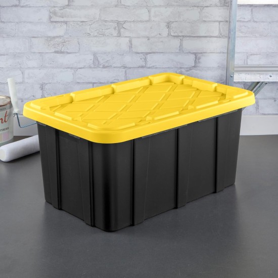 Sterilite 17 Gal Industrial Tote, Stackable Storage Bin with Snap-Fit Lid for Garage, Basement & Attic Storage, Black Base and Yellow Lily Lid, 6-Pack