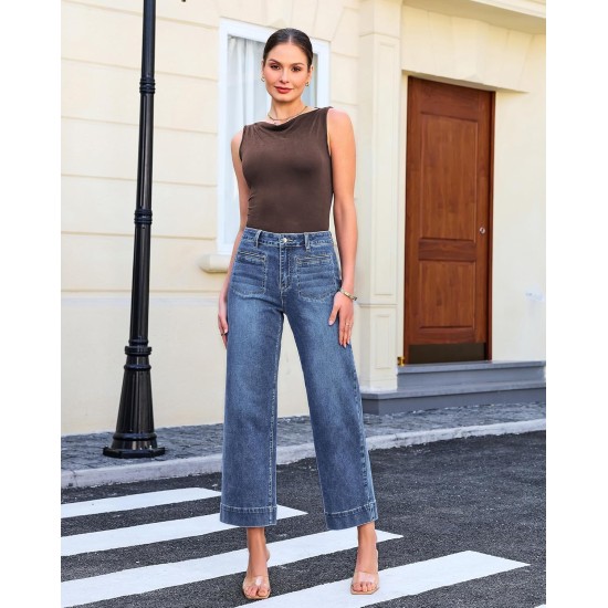 GRAPENT Wide Leg Jeans for Women Cropped High Waisted Trendy Patch Pocket Baggy Loose Straight Leg Stretchy Denim Pants
