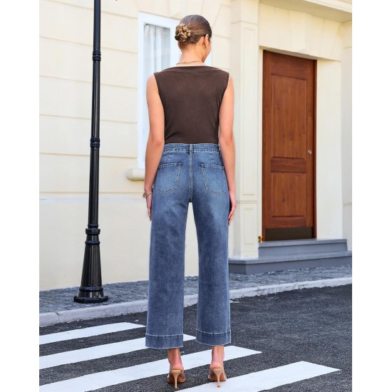 GRAPENT Wide Leg Jeans for Women Cropped High Waisted Trendy Patch Pocket Baggy Loose Straight Leg Stretchy Denim Pants