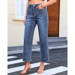 GRAPENT Wide Leg Jeans for Women Cropped High Waisted Trendy Patch Pocket Baggy Loose Straight Leg Stretchy Denim Pants