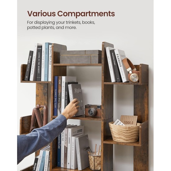 VASAGLE Bookshelf, Tree-Shaped Bookcase with 13 Storage Shelves, Rounded Corners, 9.8”D x 33.9”W x 55.1”H, Rustic Brown ULBC67BXV1 VASAGLE Bookshelf, Tree-Shaped Bookcase with 13 Storage Shelves, Rounded Corners, 9.8”D x 33.9”W x 55.1”H, Rustic Brown ULBC67BXV1