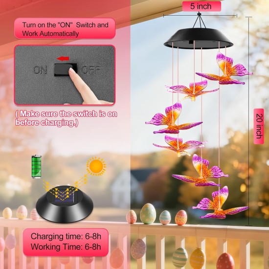 Easter Gifts for Adults, Mom Grandma Gifts for Mothers Day, Birthday Gardening Gifts for Women, Winzwon Solar Lights Outdoor Wind Chimes for Garden Yard Patio Porch Decor Butterfly Decorations