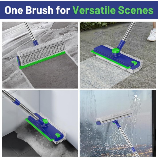 Floor Scrub Brush with Long Handle: 3 in 1 Heavy-Duty Floor Scrubber Brush with Squeegee for Cleaning Tile Bathroom Deck Kitchen Patio - Blue