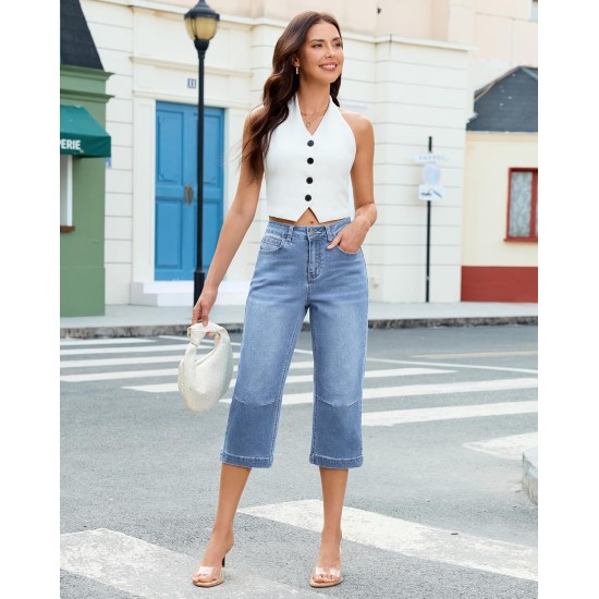 GRAPENT Capri Jeans for Women Mid Rise Straight Leg Casual Relaxed Fit Summer Cropped Stretchy Denim Capris Pants