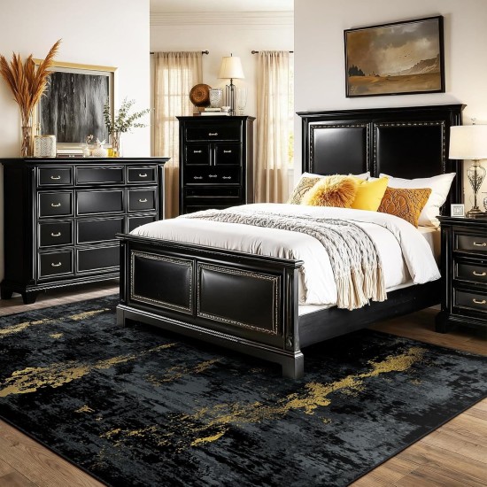 Washable Area Rugs 5'x7' Non-Slip Modern Abstract Soft for Living Room Entryway Bedroom Nursery, Print Pattern, Dark Black Gold