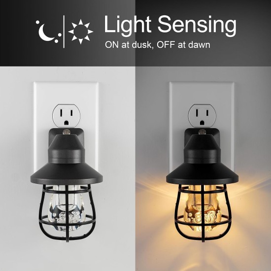 GE Vintage LED Night Light, Plug-in, Dusk to Dawn Sensor, Farmhouse Decor, Mood Lighting, Home Decor, Ambient Lighting, LED Lights for Bedroom, Bathroom, Kitchen, Hallway, 44737, Black, 2 Pack