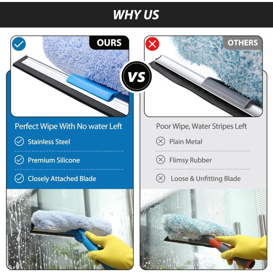 VITEVER Professional 69'' Window Squeegee Cleaner Tool with Extension Pole, 2-in-1 Squeegee for Window Cleaning Kit with Scrubber and Rotating Head, 1 Blade 2 Scrubber