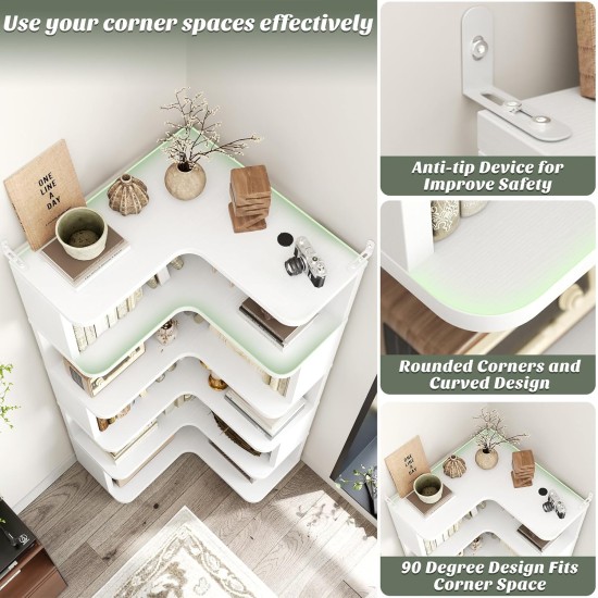 Armocity Corner Book Shelf - 6-Shelf Corner Bookshelf Etagere Bookcase with Baffle, Freestanding L Shaped Display Shelf Stand for Home Office, Living Room, Bedroom, Kitchen, White
