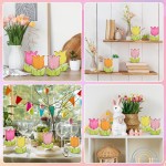 Whaline 4Pcs Spring Tulips Wood Signs Table Decor - Retro Spring Flowers Table Centerpiece Rustic Farmhouse Floral Tiered Tray Decor Tulip Block Wooden Signs for Home Tabletop Decor