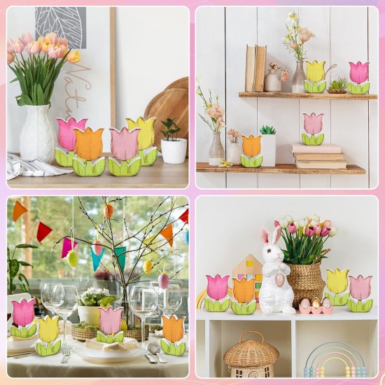 Whaline 4Pcs Spring Tulips Wood Signs Table Decor - Retro Spring Flowers Table Centerpiece Rustic Farmhouse Floral Tiered Tray Decor Tulip Block Wooden Signs for Home Tabletop Decor