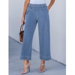 luvamia Wide Leg Jeans for Women High Waisted Cropped Pull On Jeans Elastic Wasit Drawstring Stretch Denim Trouser Pants