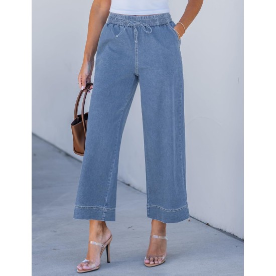luvamia Wide Leg Jeans for Women High Waisted Cropped Pull On Jeans Elastic Wasit Drawstring Stretch Denim Trouser Pants