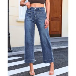 GRAPENT Wide Leg Jeans for Women Cropped High Waisted Trendy Patch Pocket Baggy Loose Straight Leg Stretchy Denim Pants